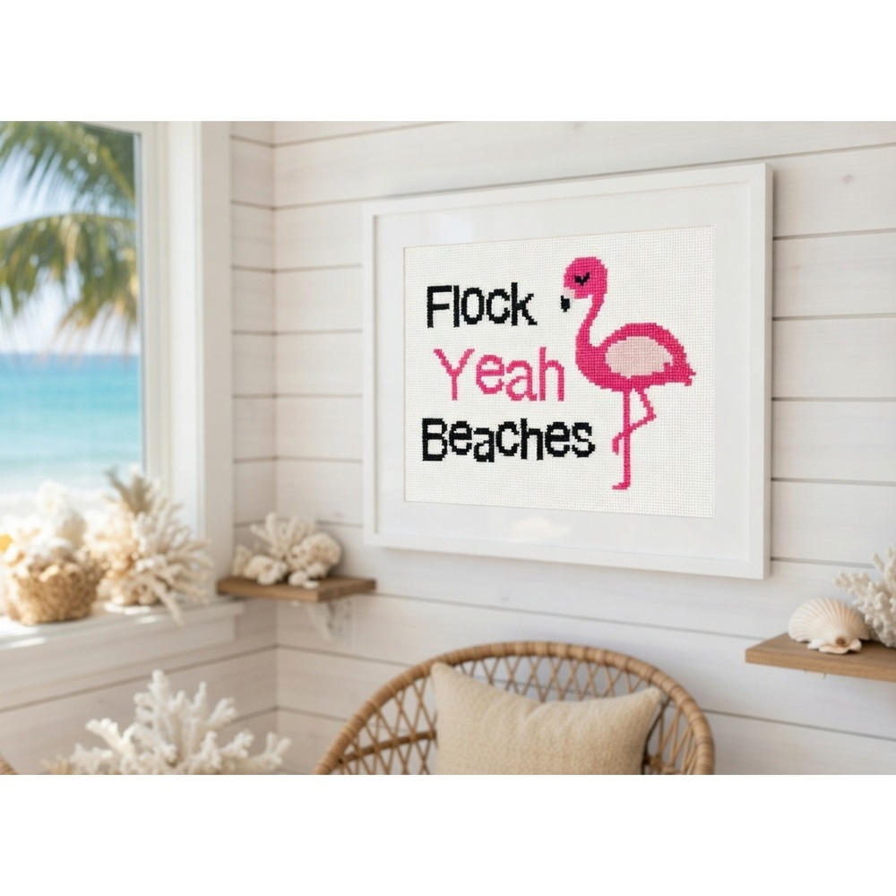Pink Flamingo – "Flock Yeah Beaches" Quote Counted Cross Stitch Kit - Picture 3 of 5